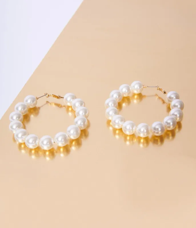 Ivory Chunky Faux Pearl Hoop Earrings sold by Unique Vintage