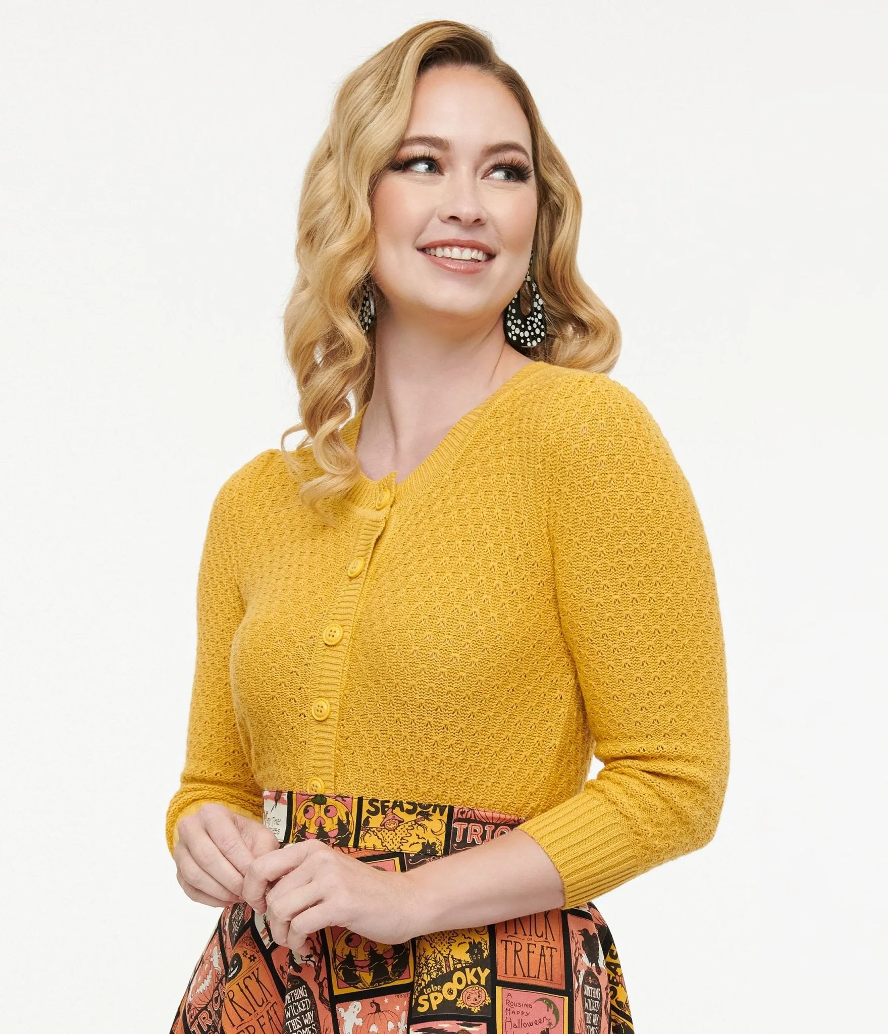 Retro Style Honey Yellow Cotton Crochet Sleeved Button Cardigan sold by Unique Vintage