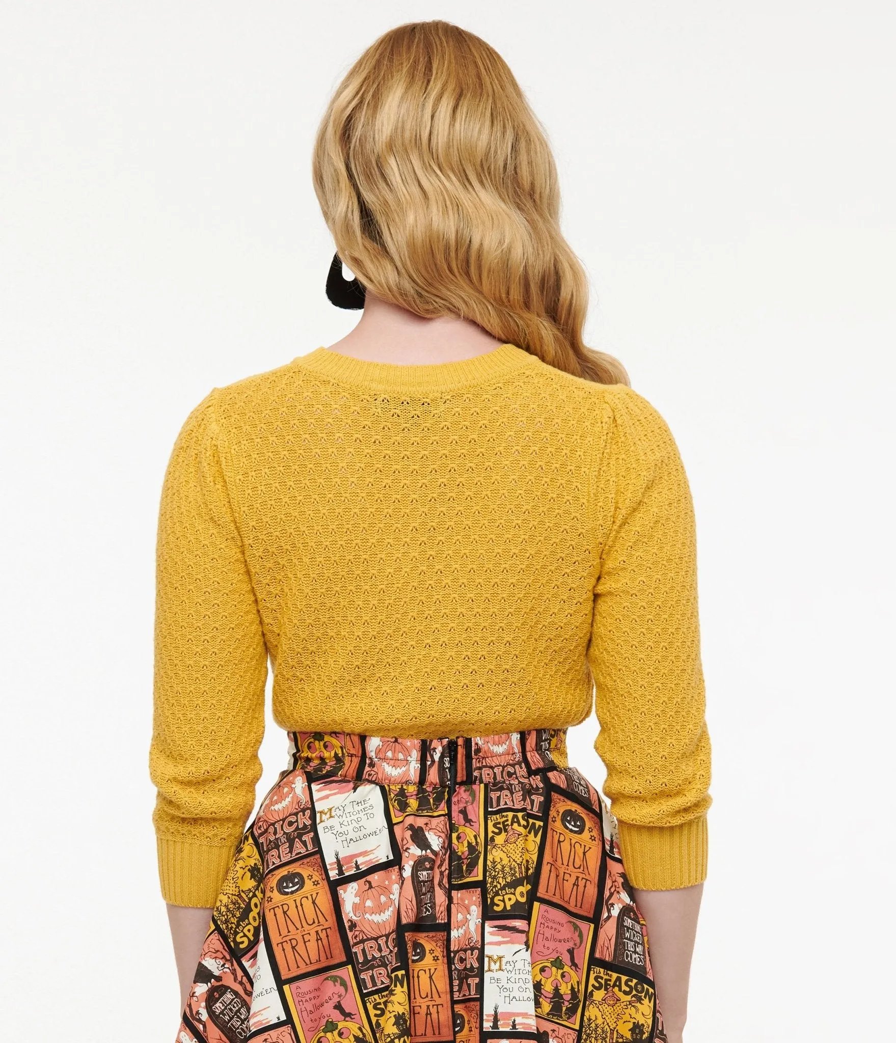 Retro Style Honey Yellow Cotton Crochet Sleeved Button Cardigan sold by Unique Vintage product image thumbnail 2