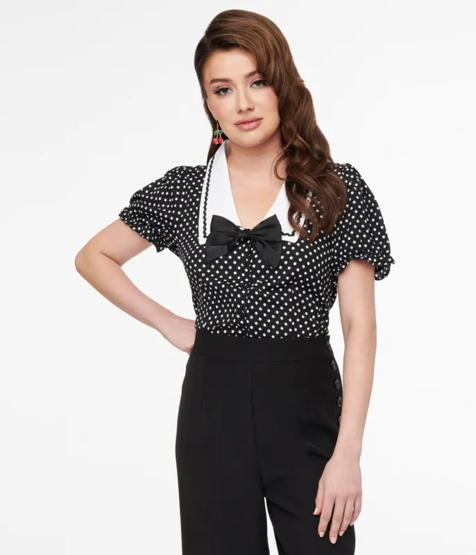 Hell Bunny 1950s Black & White Polka Dot Naomi Blouse sold by Unique Vintage