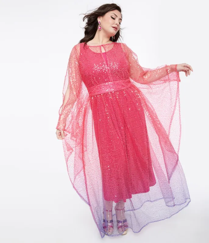 Unique Vintage Plus Size 1970s Sheer Pink & Purple Ombre Sequin Flutter Sleeve Caftan sold by Unique Vintage