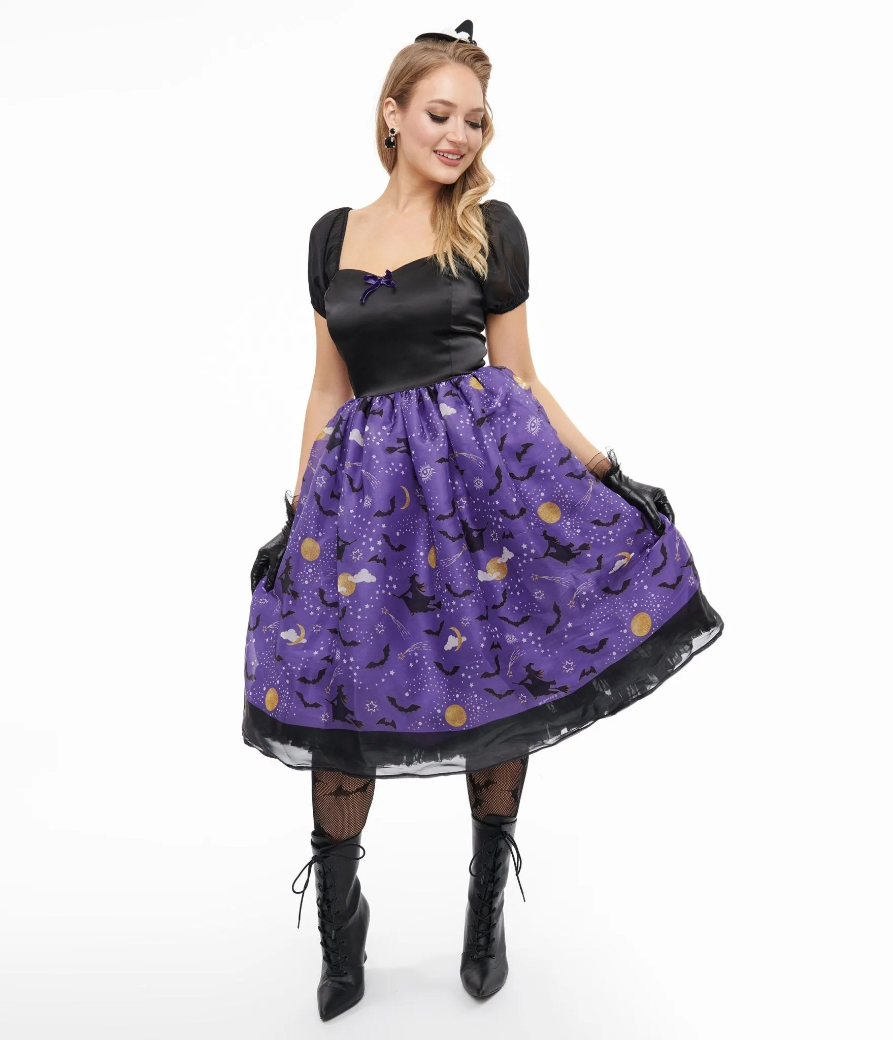 Unique Vintage Light Up 1950s Black & Purple Witch Swing Dress sold by Unique Vintage