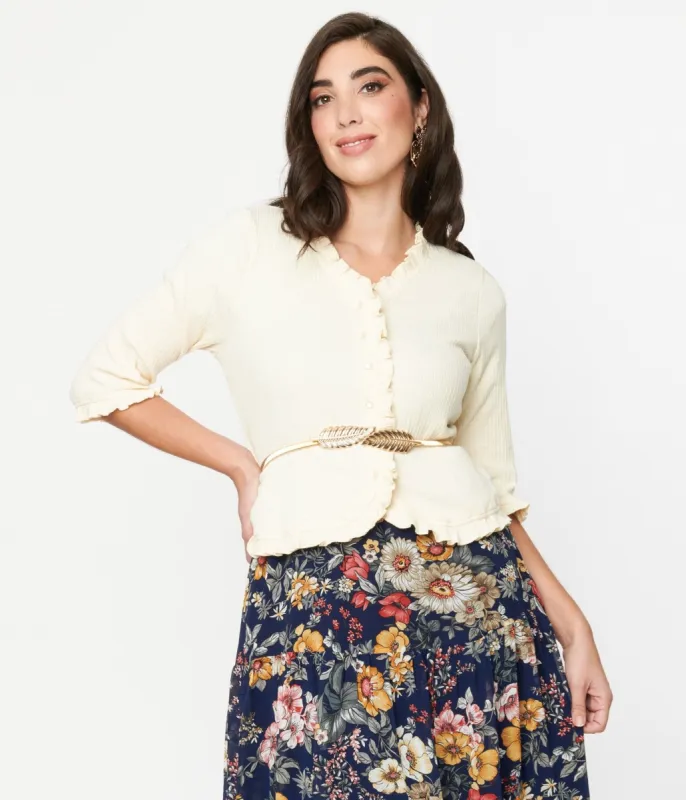 Cream Ribbed Knit Ruffle Trim Cardigan sold by Unique Vintage