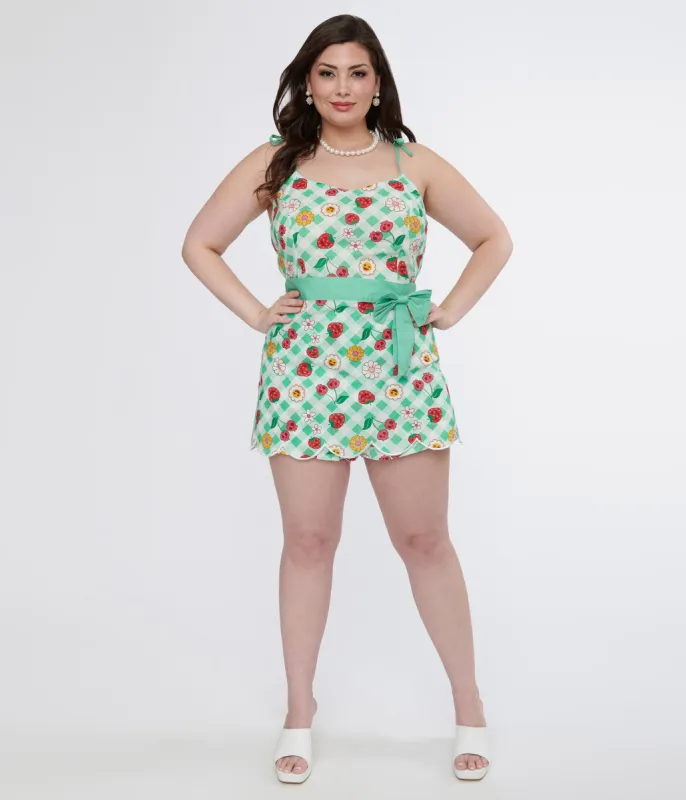 Unique Vintage Plus Size 1950s Green Gingham Spooky Fruit Print Romper & Skirt Set sold by Unique Vintage