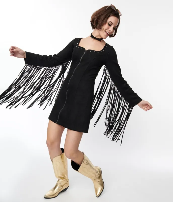 Smak Parlour Black Suede Shift Fringe Dress sold by Unique Vintage