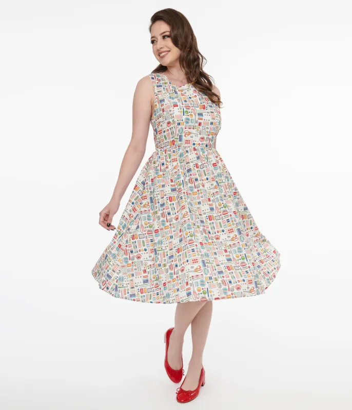 1950s White Sewing Print Cotton Swing Dress sold by Unique Vintage