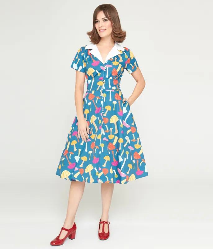 Unique Vintage Teal & Multicolor Mushroom Swing Dress sold by Unique Vintage