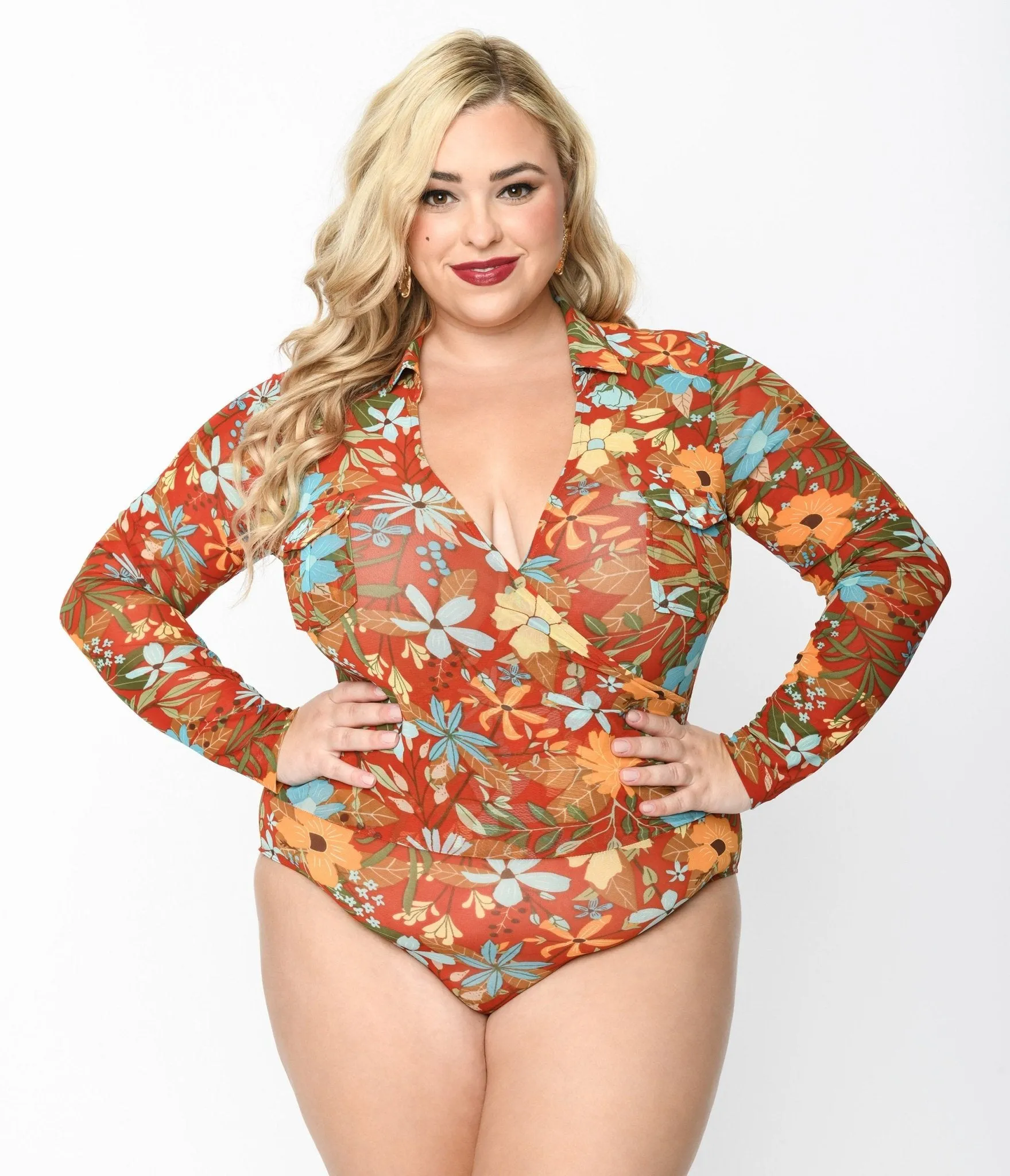 Plus Size Red & Multicolor Floral Collared Surplice Bodysuit sold by Unique Vintage product image thumbnail 2