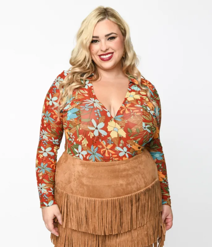 Plus Size Red & Multicolor Floral Collared Surplice Bodysuit sold by Unique Vintage