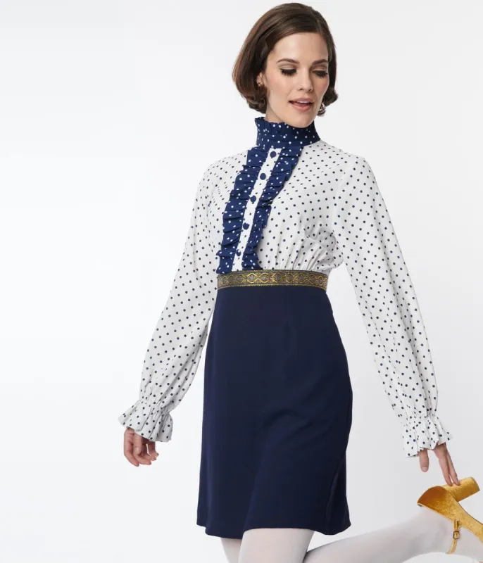 Smak Parlour White & Navy Ruffle Neck Empire A-Line Dress sold by Unique Vintage