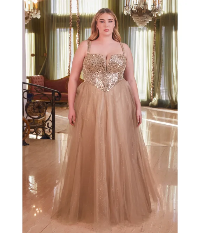 Cinderella Divine  Plus Size Mocha Gold Glitter Bodice & Tulle Prom Ball Gown sold by Unique Vintage