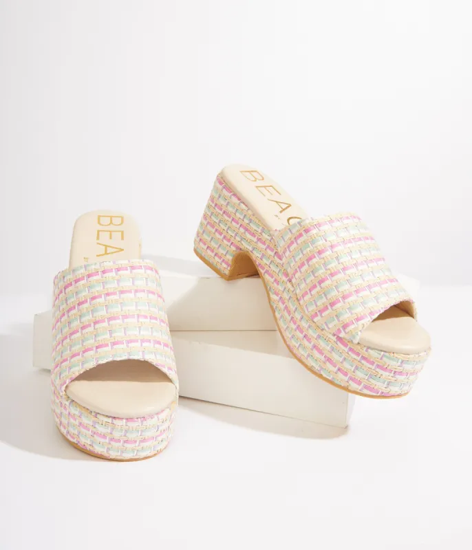 1970s Pastel Rainbow Rattan Platform Mule Sandals sold by Unique Vintage
