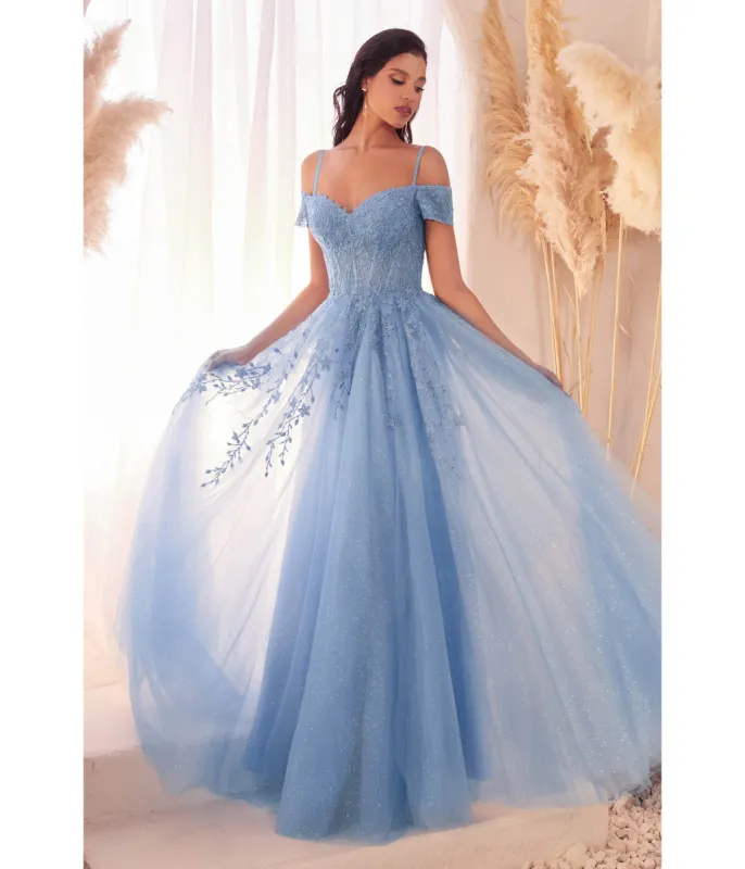 Cinderella Divine  Blue Glitter Tulle Off The Shoulder Applique Slit Gown sold by Unique Vintage