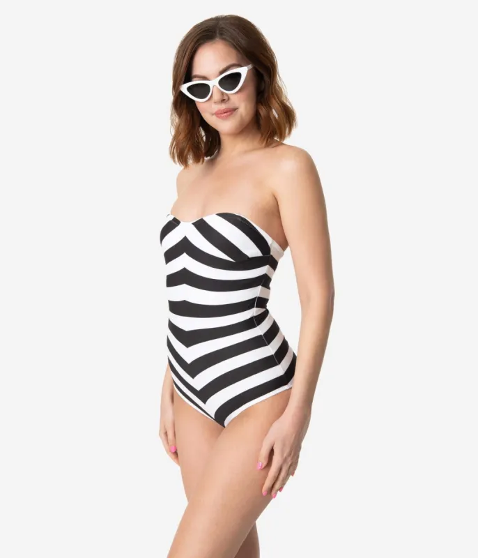 Barbie™ x Unique Vintage Black & White Chevron Stripe One Piece Bathing Suit sold by Unique Vintage