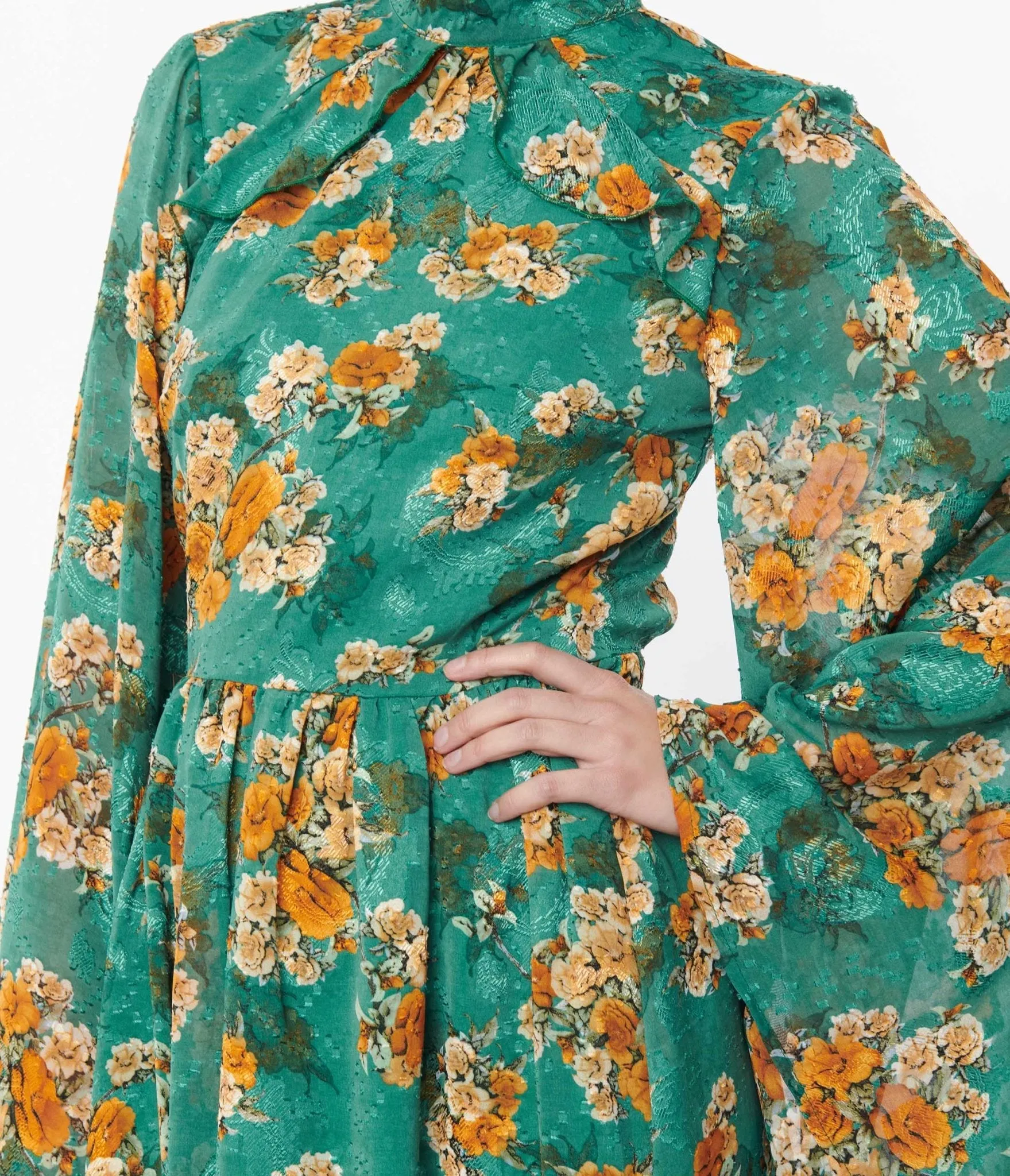 Unique Vintage 1970s Green & Orange Floral Bell Sleeve Maxi Dress sold by Unique Vintage product image thumbnail 3