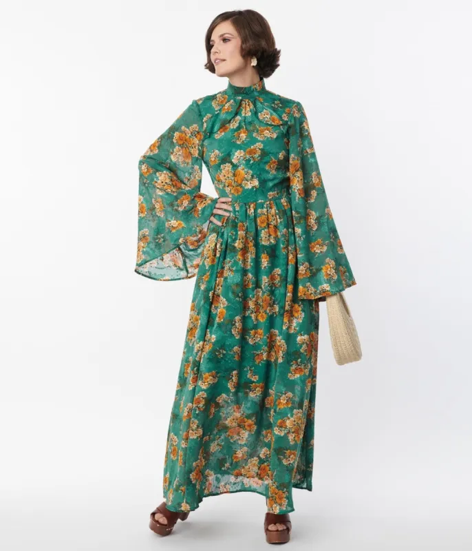 Unique Vintage 1970s Green & Orange Floral Bell Sleeve Maxi Dress sold by Unique Vintage