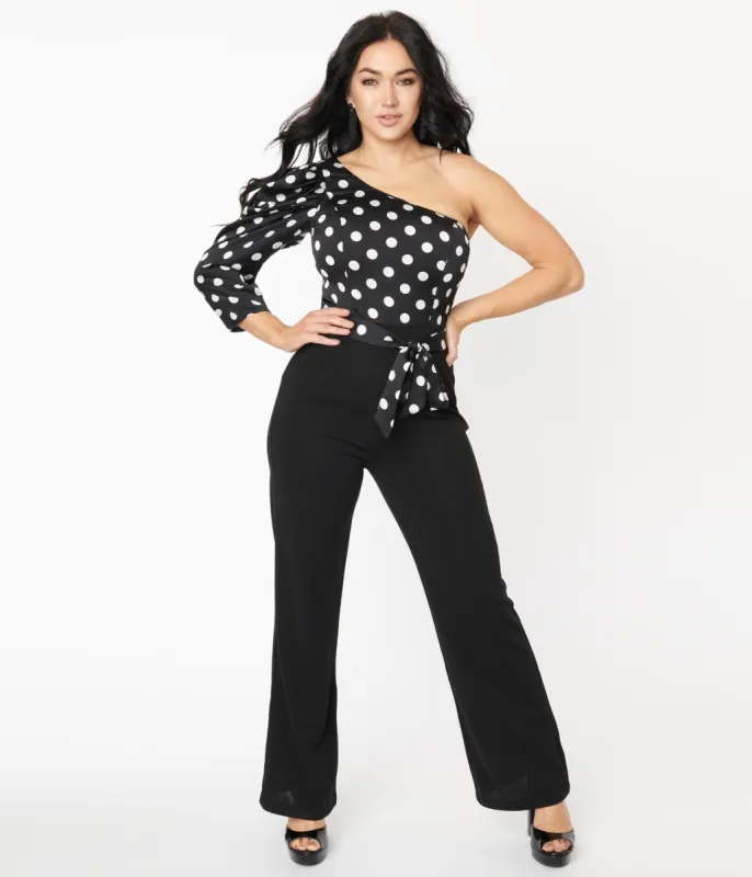1970s Black & White Polka Dot One Shoulder Jumpsuit sold by Unique Vintage
