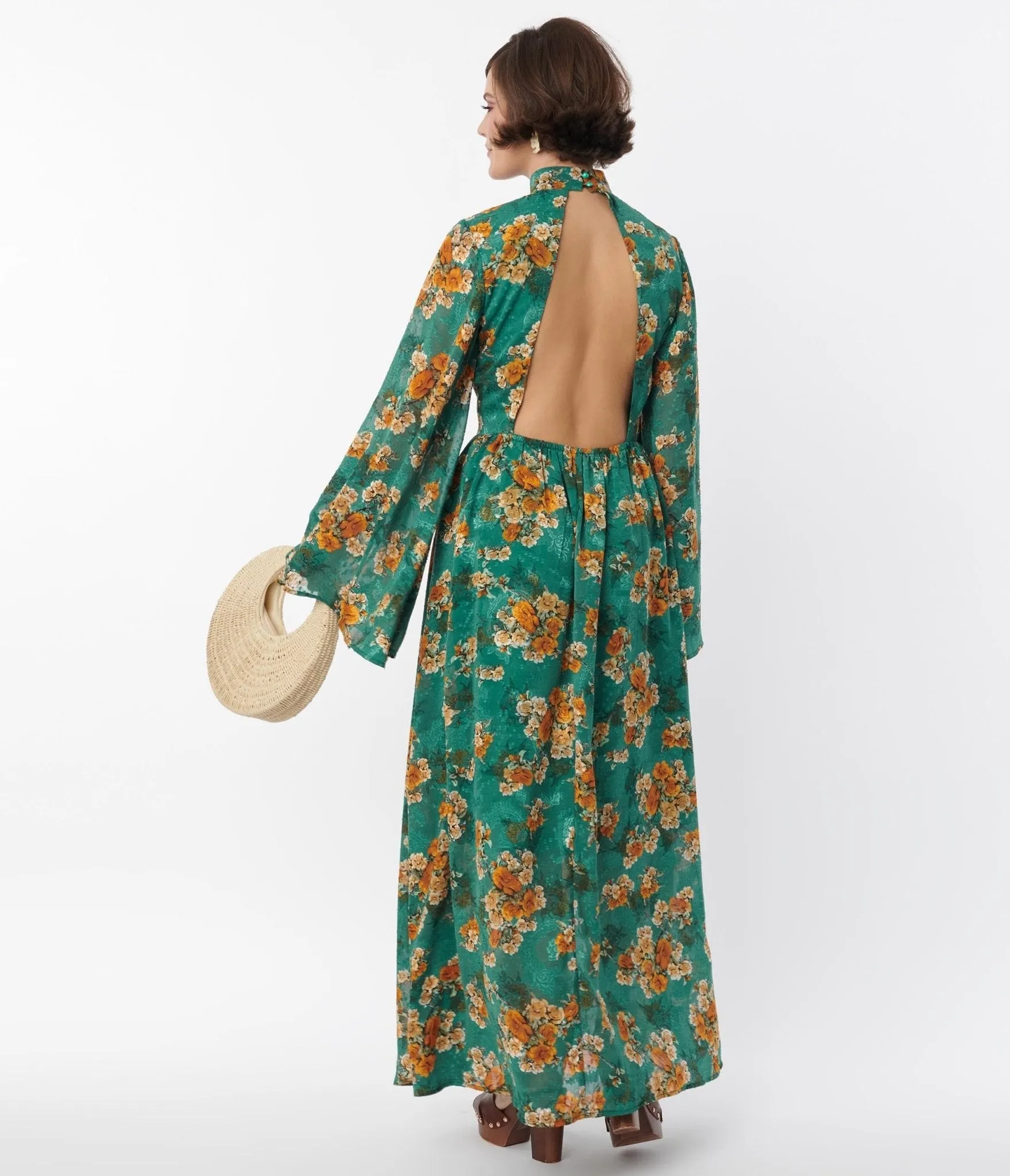 Unique Vintage 1970s Green & Orange Floral Bell Sleeve Maxi Dress sold by Unique Vintage product image thumbnail 2