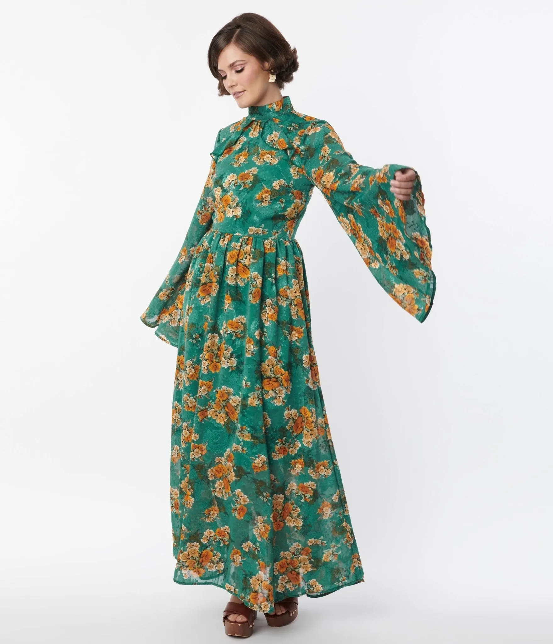 Unique Vintage 1970s Green & Orange Floral Bell Sleeve Maxi Dress sold by Unique Vintage product image thumbnail 5