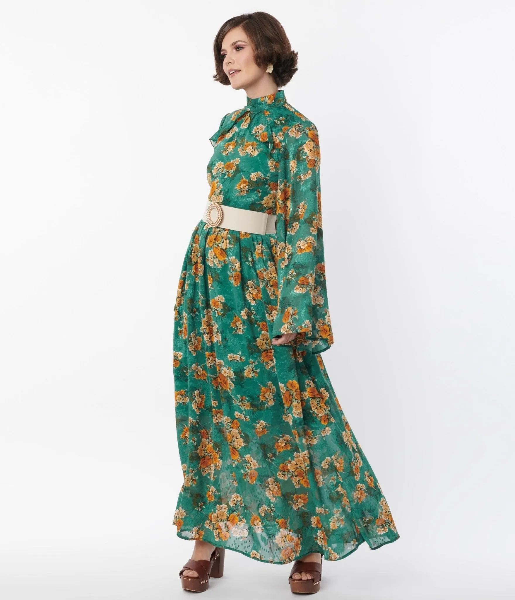 Unique Vintage 1970s Green & Orange Floral Bell Sleeve Maxi Dress sold by Unique Vintage product image thumbnail 4