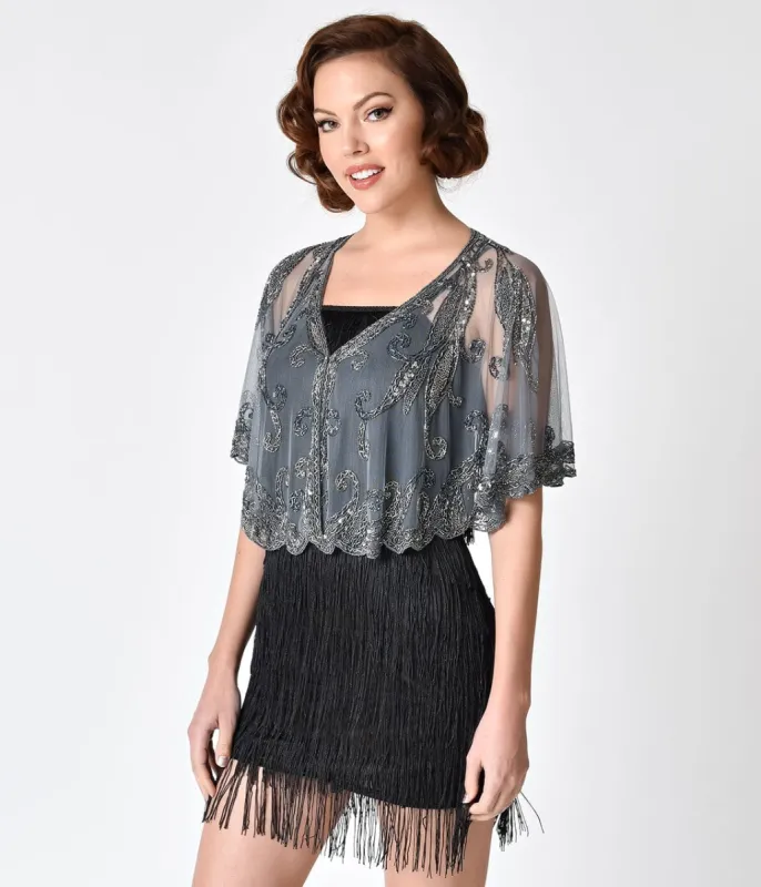 1920s Style Silver Grey Beaded Sheer Mesh Capelet sold by Unique Vintage