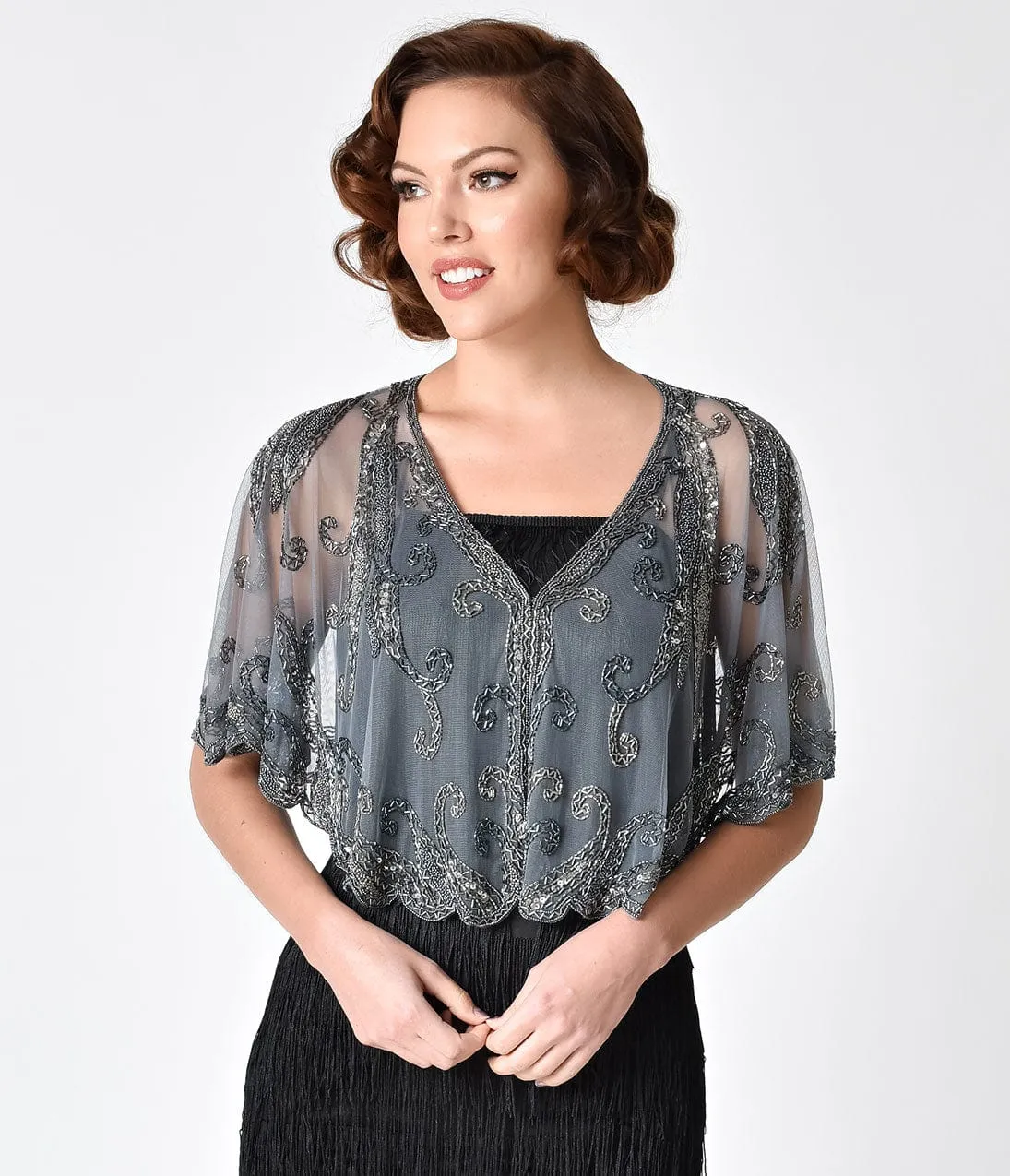 1920s Style Silver Grey Beaded Sheer Mesh Capelet sold by Unique Vintage product image thumbnail 3