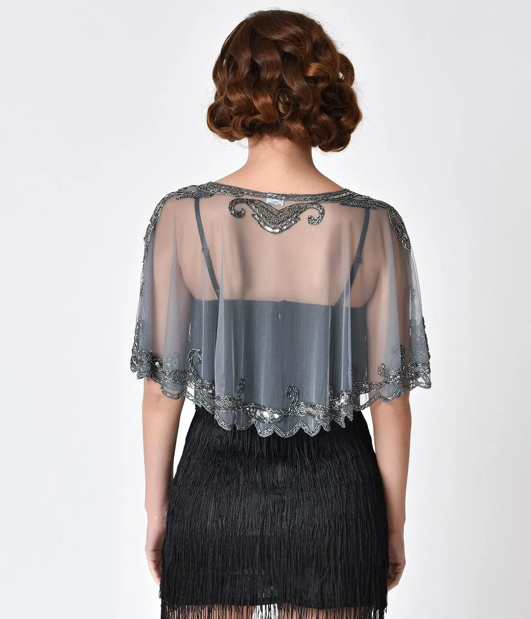 1920s Style Silver Grey Beaded Sheer Mesh Capelet sold by Unique Vintage product image thumbnail 4
