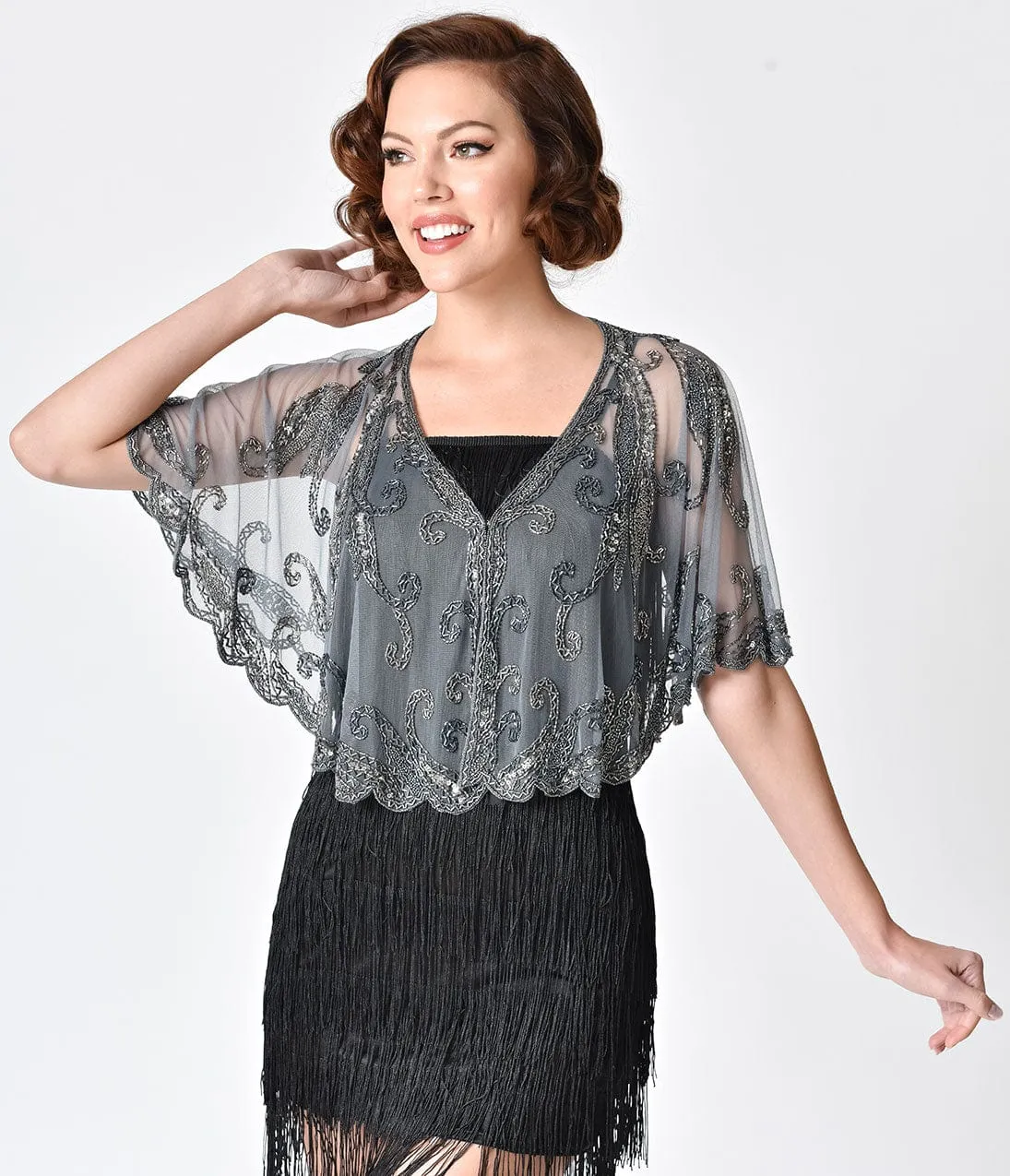 1920s Style Silver Grey Beaded Sheer Mesh Capelet sold by Unique Vintage product image thumbnail 2