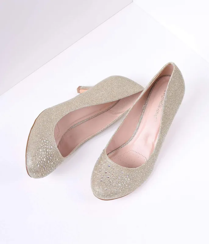 Champagne Metallic Rhinestone Doris Kitten Heels sold by Unique Vintage