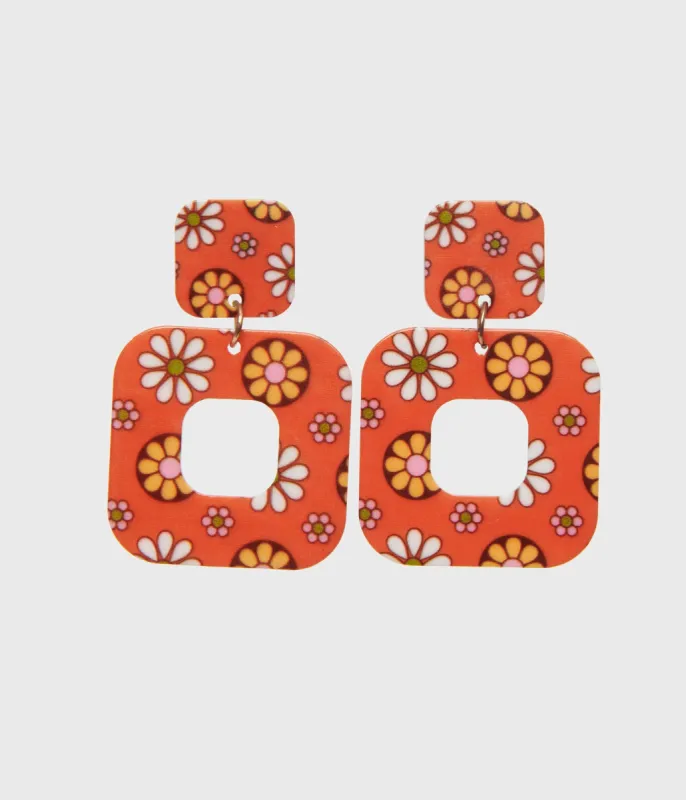 1960s Retro Orange & Mod Floral Square Earrings sold by Unique Vintage