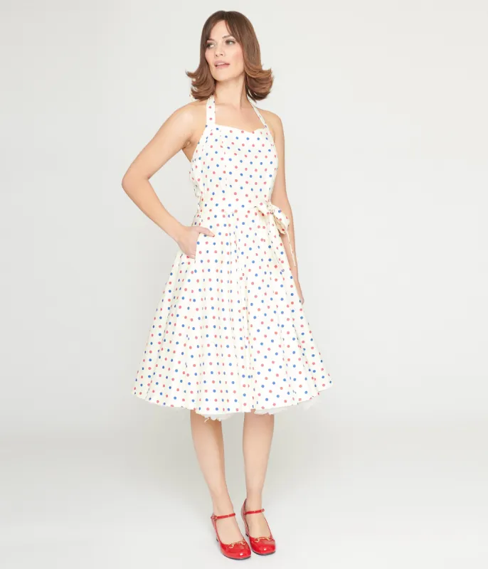 Ivory & Candy Dot Halter Swing Dress sold by Unique Vintage