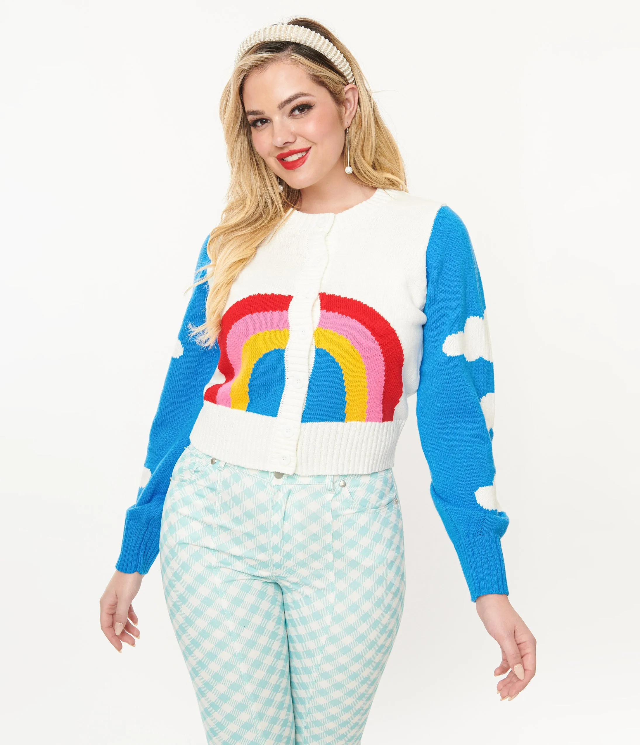 Smak Parlour 1960s Blue & Rainbow Clouds Cardigan sold by Unique Vintage