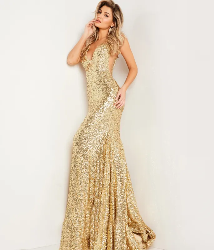 Jovani Gold Sequin Plunging Fitted Evening Gown sold by Unique Vintage