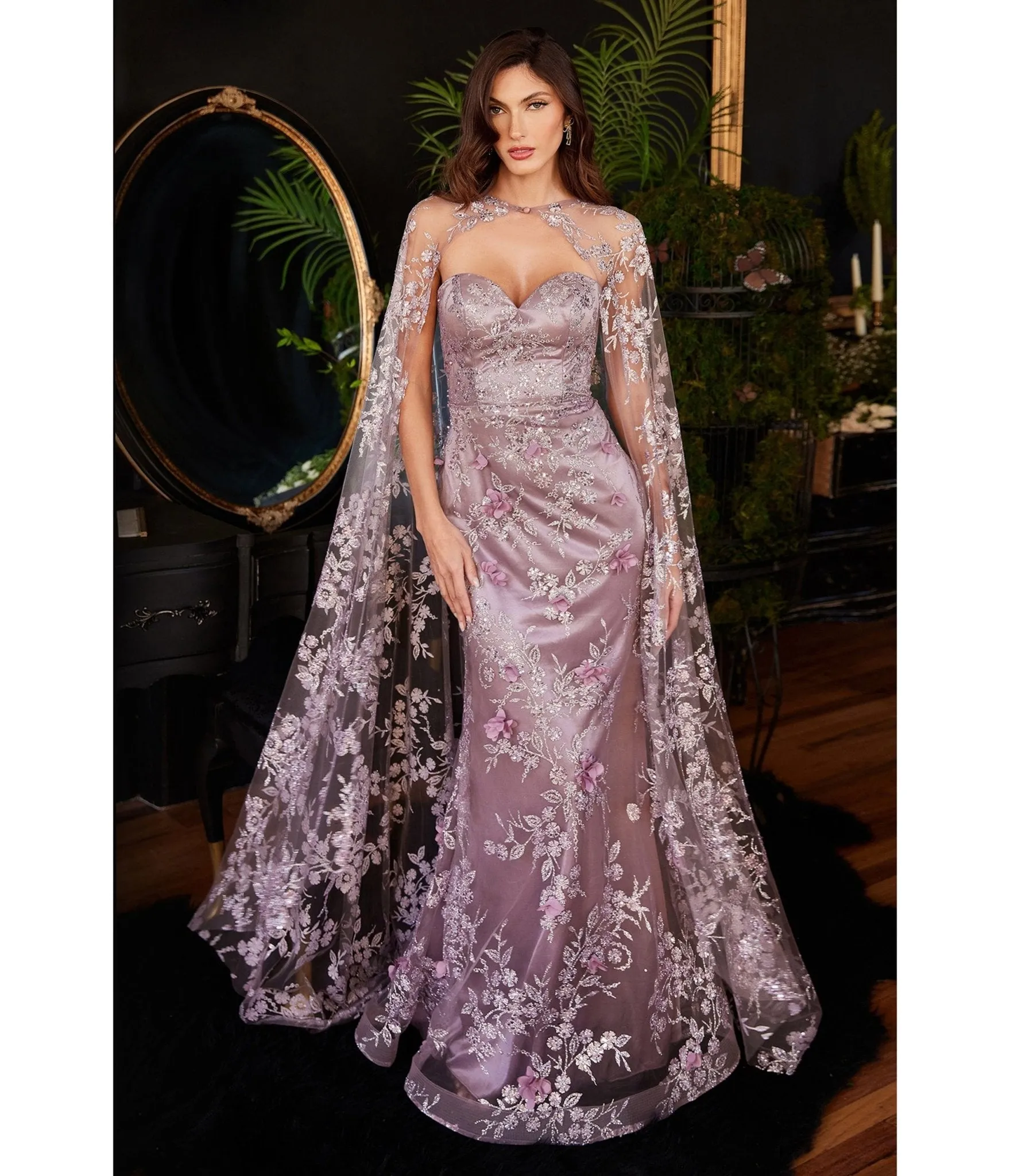 Cinderella Divine English Violet Sweetheart Fitted Floral Bridesmaid Gown with Cape sold by Unique Vintage