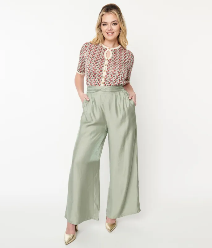 1940s Sage Green Wide Leg Trousers sold by Unique Vintage