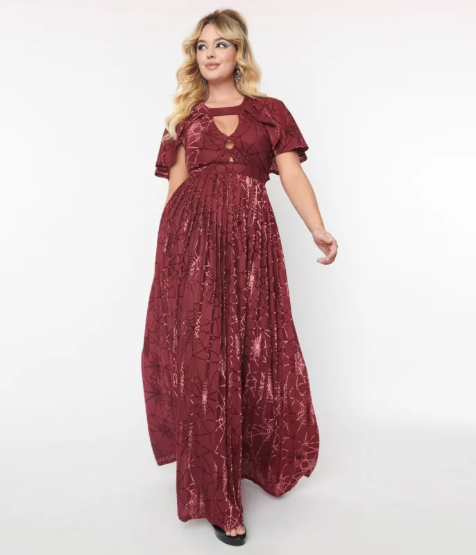 Smak Parlour 1970s Burgundy & Velvet Spiderweb Cape Maxi Dress sold by Unique Vintage