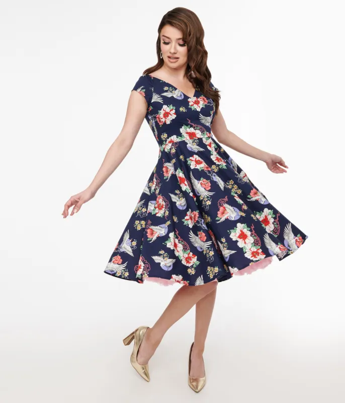 Hell Bunny 1950s Navy Floral & Cranes Cotton Swing Dress sold by Unique Vintage