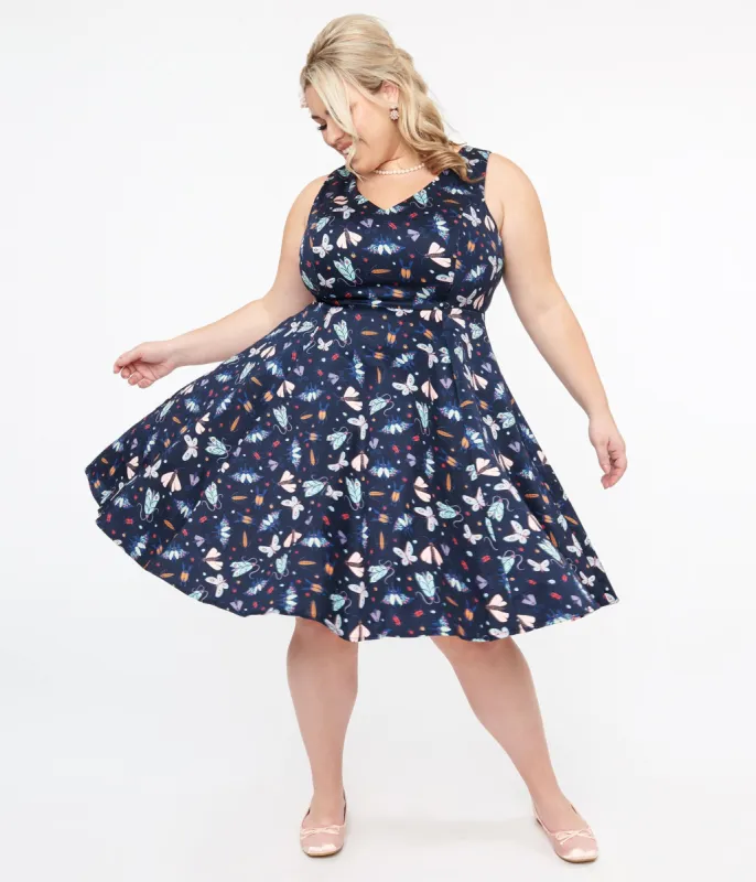 Plus Size Navy & Multicolor Bug Cotton Swing Dress sold by Unique Vintage