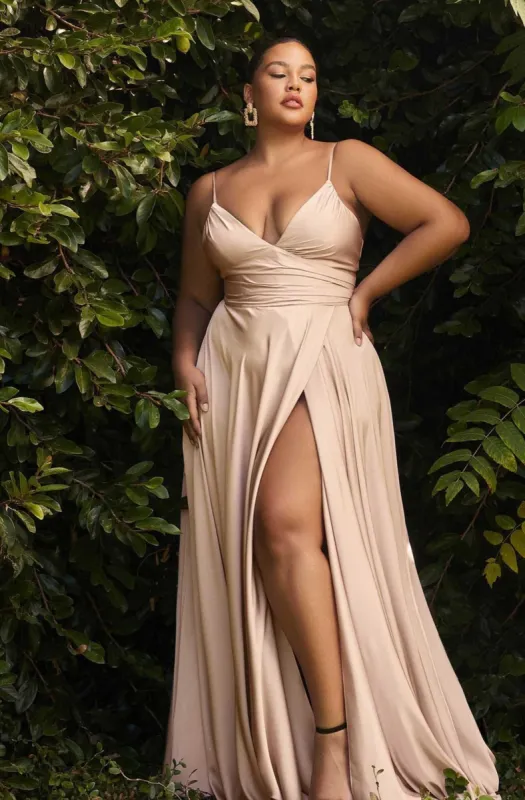 Ladivine by Cinderella Divine Plus Size Nude Ruched Satin Mystique Prom Gown sold by Unique Vintage