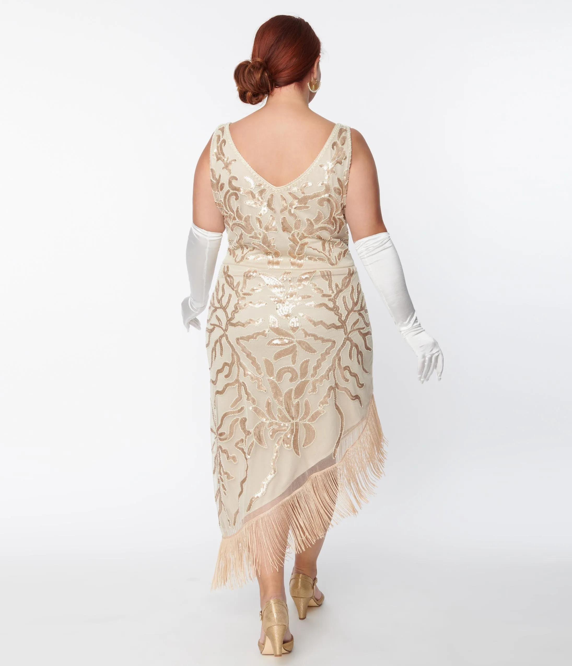 Unique Vintage Plus Size 1920s Beige Beaded Asymmetrical Fringe Flapper Dress sold by Unique Vintage product image thumbnail 3
