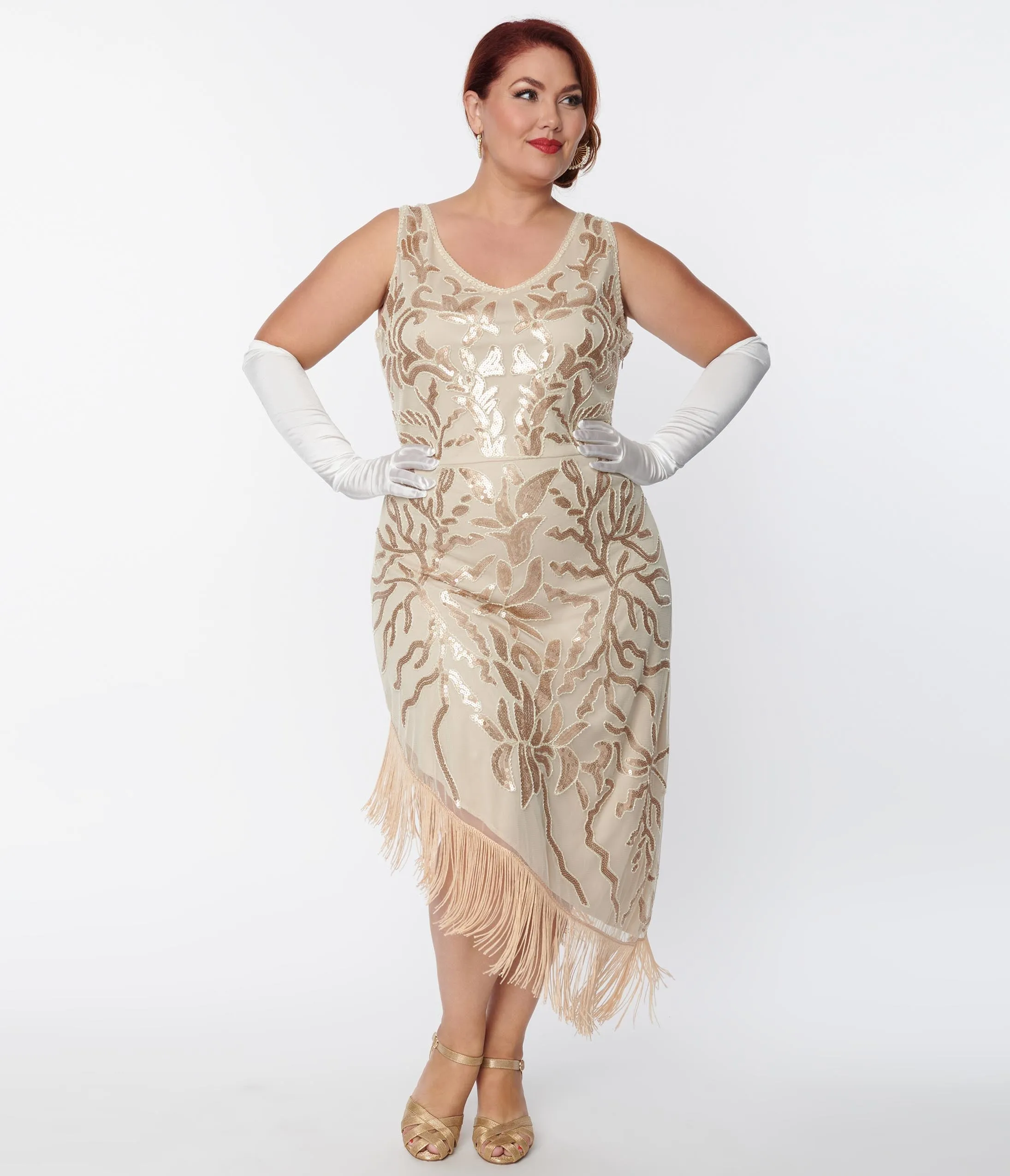 Unique Vintage Plus Size 1920s Beige Beaded Asymmetrical Fringe Flapper Dress sold by Unique Vintage product image thumbnail 4