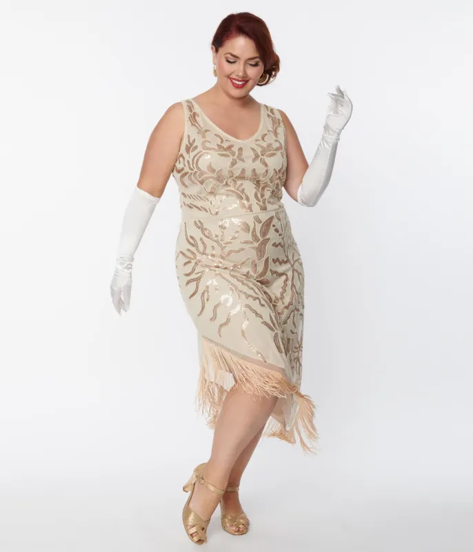 Unique Vintage Plus Size 1920s Beige Beaded Asymmetrical Fringe Flapper Dress made by Unique Vintage