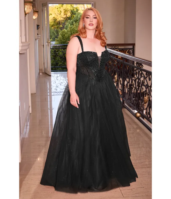 Ladivine by Cinderella Divine Plus Size Black Glitter Bodice & Tulle Prom Ball Gown sold by Unique Vintage