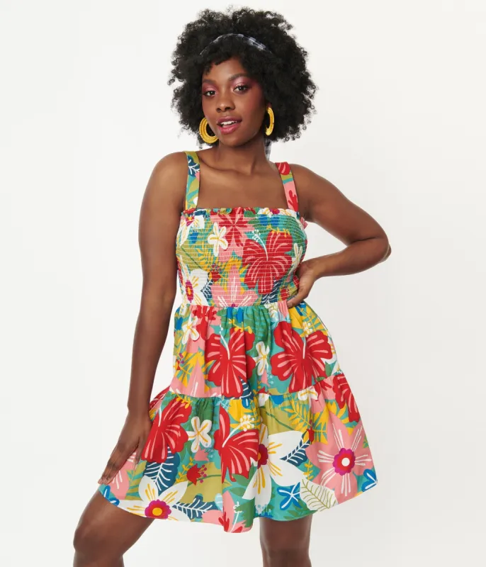 Multicolor Tropical Floral Smocked Flare Dress sold by Unique Vintage