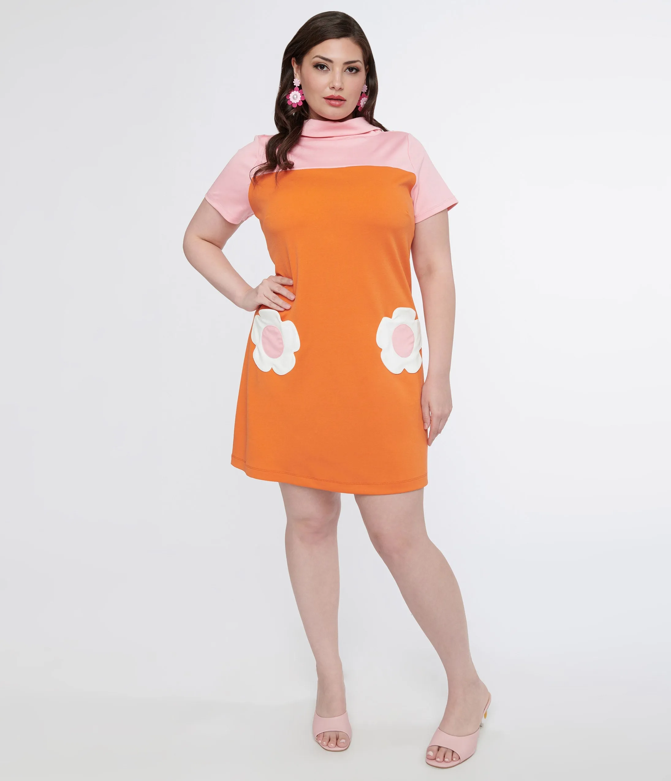 Smak Parlour Plus Size 1960s Orange & Pink Flower Pocket Shift Dress sold by Unique Vintage
