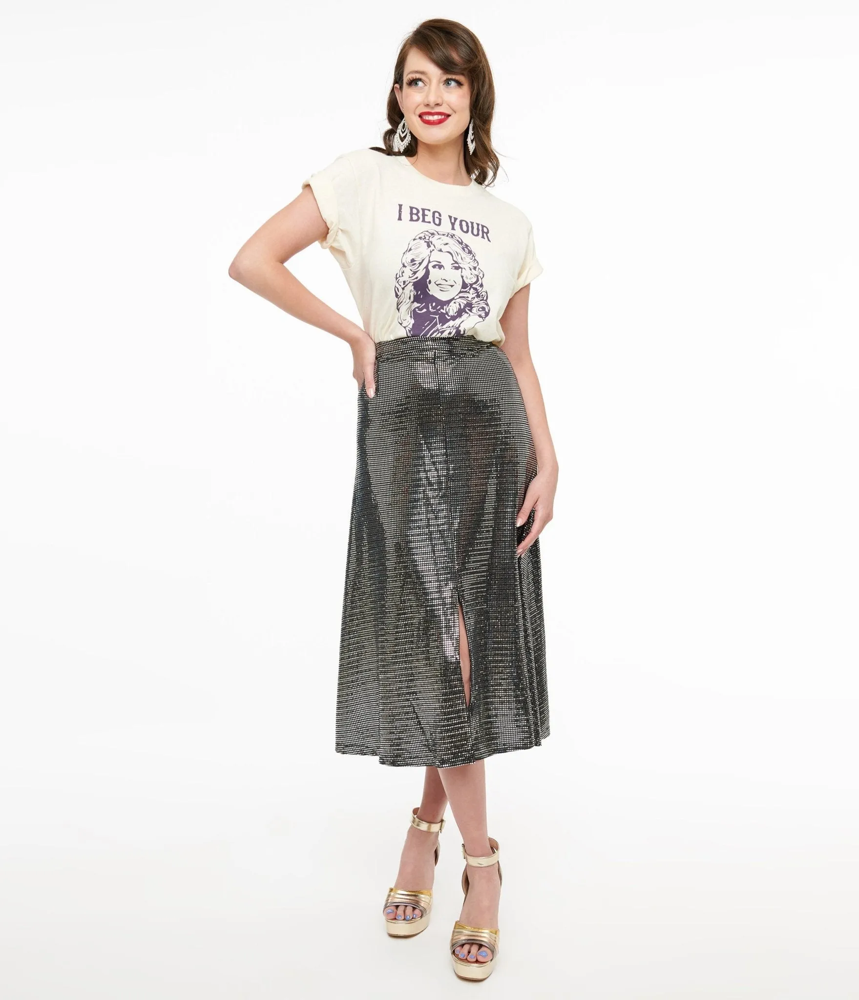 1970s Silver Boogie Night Midi Skirt sold by Unique Vintage