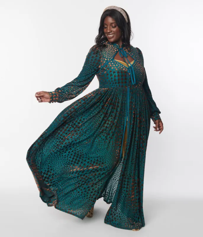 Unique Vintage Teal Houndstooth Burnout Velvet House Duster sold by Unique Vintage
