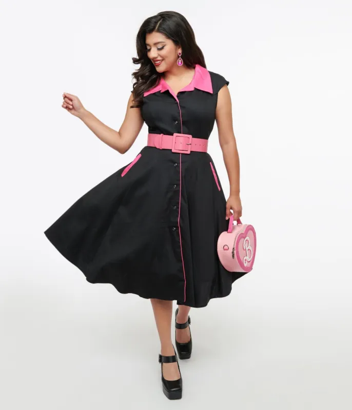1950s Black & Pink Contrast Swing Dress sold by Unique Vintage