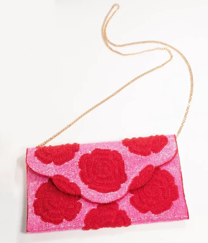 Pink & Red Floral Rose Beaded Envelope Clutch sold by Unique Vintage