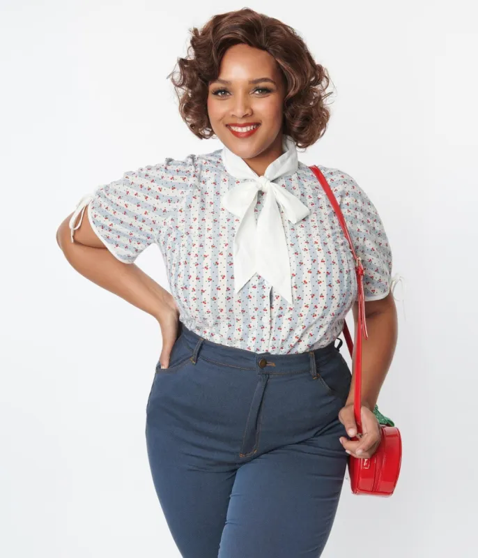 Unique Vintage Plus Size Blue & White Cherry Stripe Bow Tie Chita Blouse sold by Unique Vintage